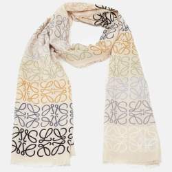 Pre Owned Loewe Cream Anagram Print Wool & Silk Fringed Stole