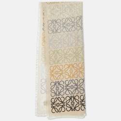 Pre Owned Loewe Cream Anagram Print Wool & Silk Fringed Stole