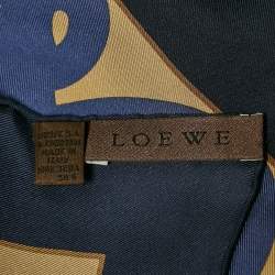 Loewe Navy Blue & Gold Logo Printed Silk Square Scarf