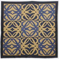 Loewe Navy Blue & Gold Logo Printed Silk Square Scarf