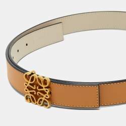 Pre Owned Loewe Tan/Off White Leather Anagram Reversible Belt 85CM