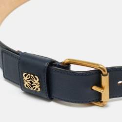 Pre Owned Loewe Logo 85 CM Buckle Belt Navy Blue Leather