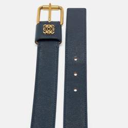 Pre Owned Loewe Logo 85 CM Buckle Belt Navy Blue Leather