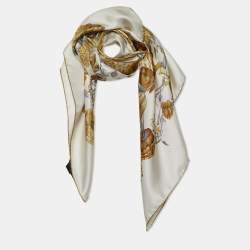 Pre Owned Loewe Cream & Gold Floral Print Silk Scarf
