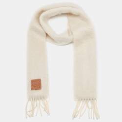 Pre Owned Loewe Cream Leather Trim Mohair & Wool Scarf