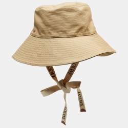 Pre Owned Loewe X Paula Ibiza Beige Canvas Logo Leather Trimmed Bucket Hat Size 54