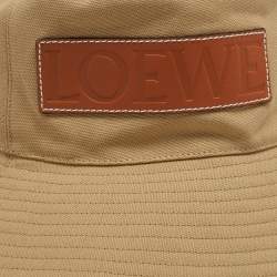 Pre Owned Loewe X Paula Ibiza Beige Canvas Logo Leather Trimmed Bucket Hat Size 54