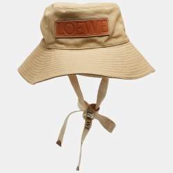 Pre Owned Loewe X Paula Ibiza Beige Canvas Logo Leather Trimmed Bucket Hat Size 54