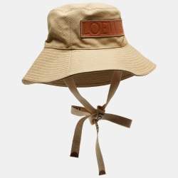 Pre Owned Loewe X Paula Ibiza Beige Canvas Logo Leather Trimmed Bucket Hat Size 54