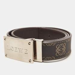 Pre Owned Loewe Black/Dark Brown Anagram Coated Canvas and Leather Logo Plague Belt 75CM