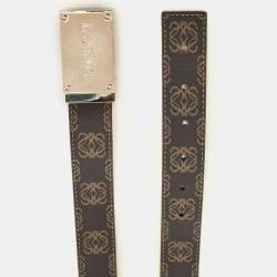 Pre Owned Loewe Black/Dark Brown Anagram Coated Canvas and Leather Logo Plague Belt 75CM