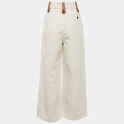 Pre Owned Loewe Cream Cotton Blend Leather Trim Wide-Leg Trousers M