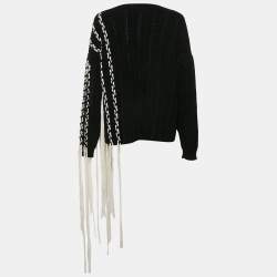 Loewe Black Wool Cable Knit Fringed Sweater L
