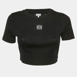 Loewe Black Angaram Embroidered Rib Knit Fitted Crop Top L