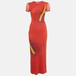 Pre Owned Loewe Red Printed Mesh Midi Dress XS