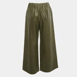 Pre Owned Loewe Green Genuine Leather Wide-Leg Trousers M