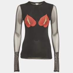 Pre Owned Loewe Black Mesh Anthurium Printed Full Sleeves Top S
