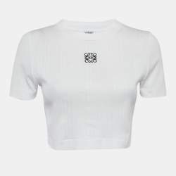Pre Owned توب قصير لويفي أبيض بتطريز أناجرام ضلوع محبوك مقاس كبير