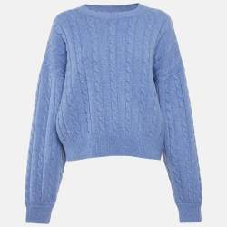 Pre Owned Loewe Blue Cable Knit Wool Anagram Sweater L