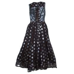 Pre Owned Loewe Brown and Metallic Blue Polka Dot Pattern Silk Pleat Detail Dress M