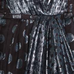 Loewe Brown and Metallic Blue Polka Dot Pattern Silk Pleat Detail Dress M