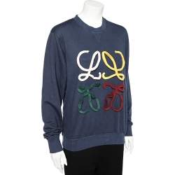 Pre Owned Loewe Navy Blue Cotton Logo Appliqued Crewneck Sweatshirt L