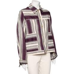 Pre Owned Loewe Cream & Purple Striped Linen Asymmetric Hem Detailed Jacket S