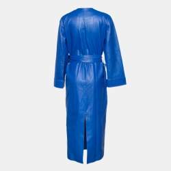 Pre Owned Loewe Blue Leather Belted Long Coat S