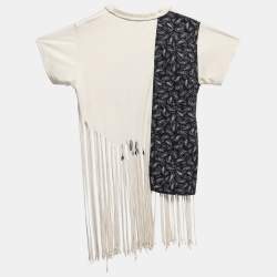 Pre Owned Loewe Cream Logo Print Jersey Fringed T-Shirt M