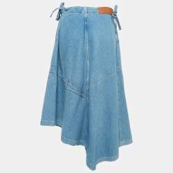 Loewe Blue Logo Motif Leather Trimmed Denim Asymmetric Midi Skirt M
