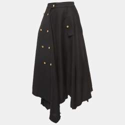 Loewe Black Raw Edge Linen Blend Button Detail Asymmetric Midi Skirt S