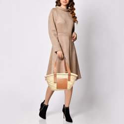 Pre Owned Loewe Brown/Natural Palm Leaf and Leather Small Basket Tote
