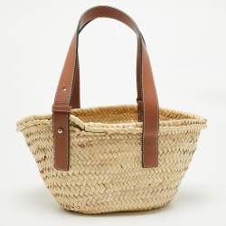 Pre Owned Loewe Brown/Natural Palm Leaf and Leather Small Basket Tote