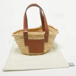 Pre Owned Loewe Brown/Natural Palm Leaf and Leather Small Basket Tote