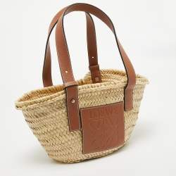 Pre Owned Loewe Brown/Natural Palm Leaf and Leather Small Basket Tote