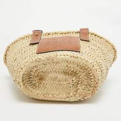 Pre Owned Loewe Brown/Natural Palm Leaf and Leather Small Basket Tote