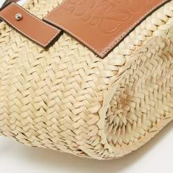 Pre Owned Loewe Brown/Natural Palm Leaf and Leather Small Basket Tote
