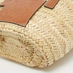 Pre Owned Loewe Brown/Natural Palm Leaf and Leather Small Basket Tote