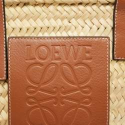 Pre Owned Loewe Brown/Natural Palm Leaf and Leather Small Basket Tote