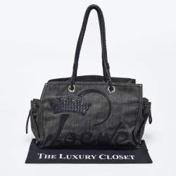 Loewe Black Denim and Leather Logo Shopper Tote