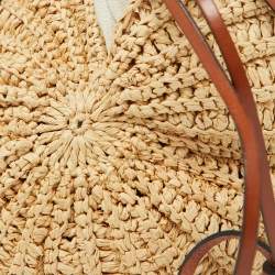 Pre Owned Loewe Beige/Brown Raffia and Leather Moon Shell Crossbody Bag