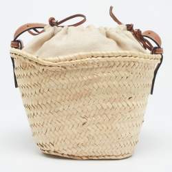 Pre Owned Loewe x Paula's Ibiza Beige/Brown Raffia and Leather Drawstring Bucket Bag