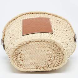 Pre Owned Loewe x Paula's Ibiza Beige/Brown Raffia and Leather Drawstring Bucket Bag