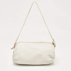 Pre Owned Loewe White Pleated Leather Bracelet Pouch Bag