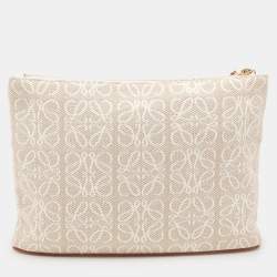 Loewe x Paula's Ibiza Beige/White Canvas and Leather Anagram Pouch Clutch