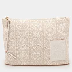 Loewe x Paula's Ibiza Beige/White Canvas and Leather Anagram Pouch Clutch