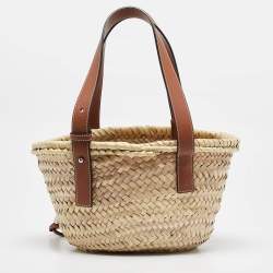 Loewe Brown/Cream Woven Raffia and Leather Basket Bag
