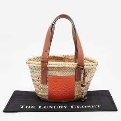 Loewe Brown/Cream Woven Raffia and Leather Basket Bag