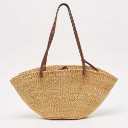 Pre Owned Loewe Brown/Tan Woven Raffia Small Shell Basket Bag