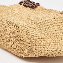 Pre Owned Loewe Brown/Tan Woven Raffia Small Shell Basket Bag